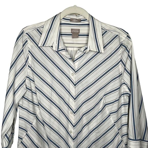Chico's No-Iron Cotton-Blend Striped Stain Shield Pocket Tunic Size 1 = Medium - Picture 2 of 7